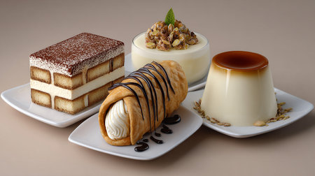 Three types of tiramisu on white plates with chocolate and coffeeの素材