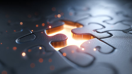 Close up of puzzle pieces with light effect. 3D Renderingの素材