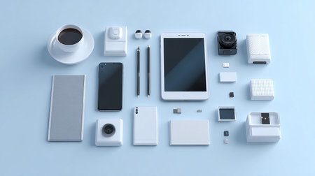 Highly rendering of a set of electronic devices on a blue backgroundの素材