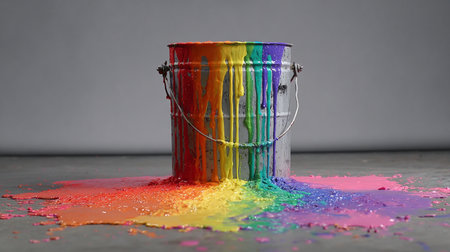 Paint bucket with rainbow colors and paint splashes on grey backgroundの素材