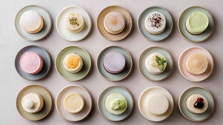 top view of colorful macarons on plates on grey background, flat layの素材