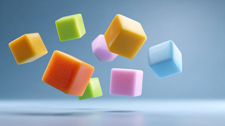 3d rendering of colorful cubes flying in the air isolated on blue backgroundの素材