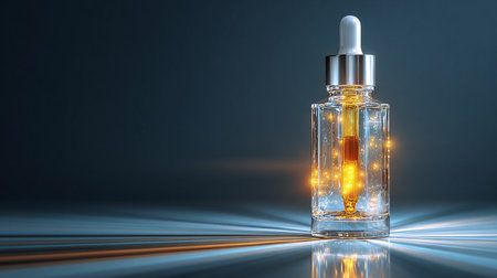 perfume bottle with glowing light on dark background 3d renderingの素材