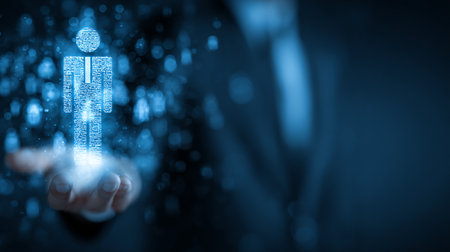 Businessman on blurred background using digital 3D rendering icon of binary codeの素材