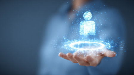 Businessman on blurred background using digital contact icon hologram 3D renderingの素材
