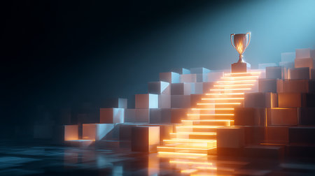 Conceptual image with stairs and golden trophy. 3D renderingの素材