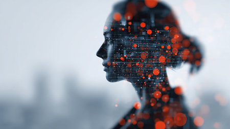 Double exposure of human head and binary code. Artificial intelligence concept. 3D Renderingの素材