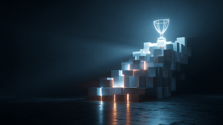 Digital composite of Glowing trophy on stairs in dark room. 3d renderingの素材