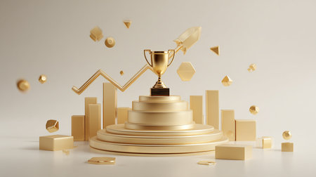 3d render of golden trophy on pedestal with golden geometric backgroundの素材