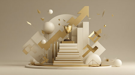 3d render of abstract minimal geometric forms. Glossy golden podium, pedestal or platform for product presentation with gold trophy cup and geometric shapes.の素材