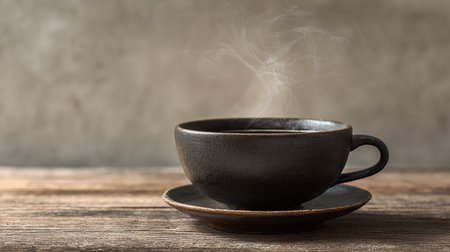 Cup of coffee on old wooden table with smoke on grey wall backgroundの素材