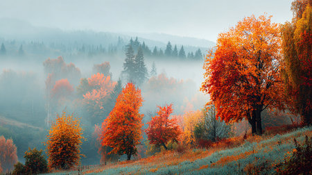 Autumn landscape with colorful trees on hillside in foggy morningの素材