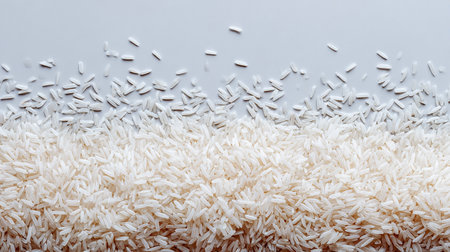 Uncooked long rice on white background, top view, copy spaceの素材