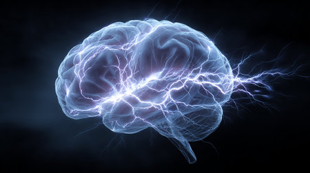 Brainstorming concept, 3D illustration of human brain and lightningの素材