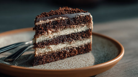 Piece of chocolate cake on a plate, close-up.の素材