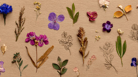 Flowers and herbs on brown background. Flat lay, top viewの素材