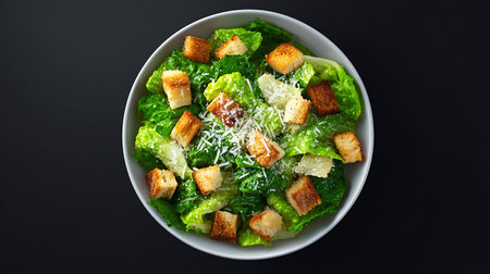 Caesar salad with croutons and parmesan on black backgroundの素材