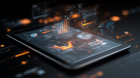 Close up of tablet pc with glowing business interface. 3D renderingの素材