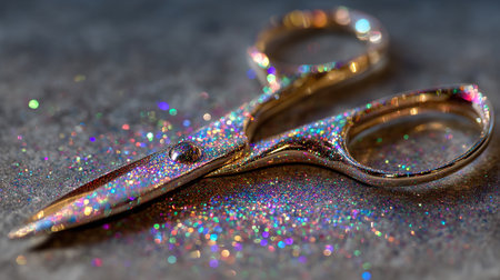 Macro shot of scissors on glitter background. Shallow depth of field.の素材