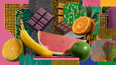 Fruits and pieces of chocolate on a colorful background. Collage.の素材