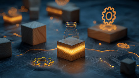 Conceptual image with glowing gear and bottle. 3d renderingの素材