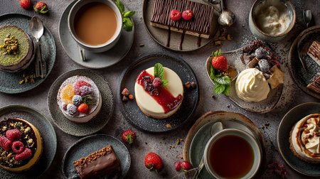 Cup of coffee and cakes with berries on a dark background.の素材