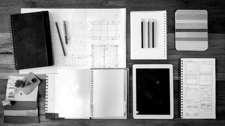 Top view of architect workspace with notebook, pen, pencil, tablet and other equipment on wooden tableの素材