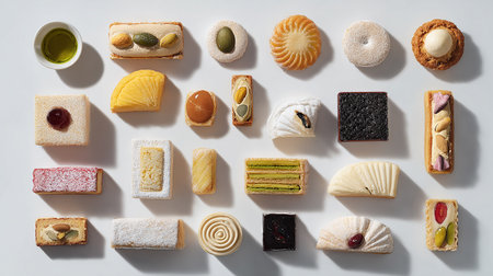 Top view of various types of sweet pastries on white background.の素材