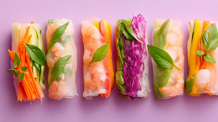 Spring rolls with shrimps and vegetables on purple background. Top viewの素材