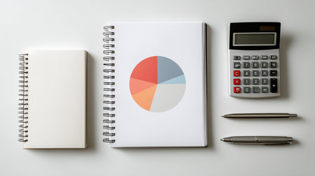 notebook and calculator on white background with copy space, business conceptの素材