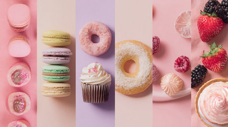 Collage of different types of macaroons on pastel backgroundの素材