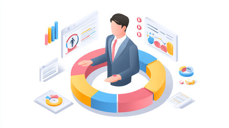 Isometric business man in a business suit on a pie chart.の素材