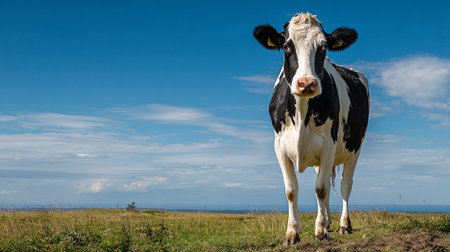 Black and white cow standing on a green meadow against blue skyの素材