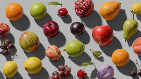 Creative pattern made of fresh fruits on grey background. Flat lay.の素材