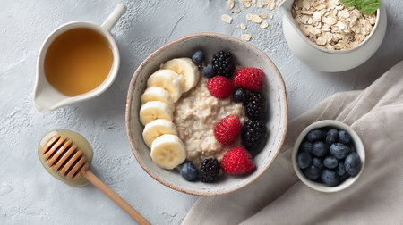 Healthy breakfast bowl with oatmeal, berries and honey on a concrete backgroundの素材