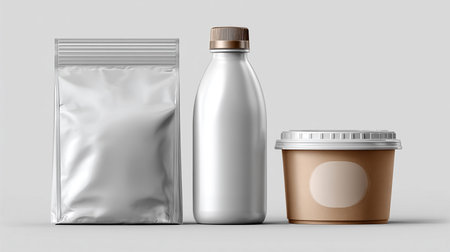 Mockup of a plastic coffee cup and a package of coffee on a gray backgroundの素材