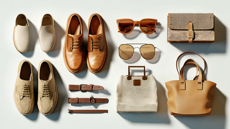 Men's leather shoes, handbag and sunglasses on a white backgroundの素材