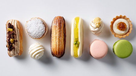 Different types of macaroons on a white background, top viewの素材