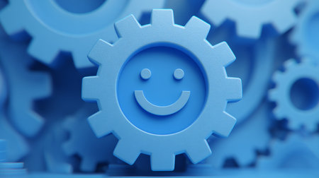Smiling gear icon in blue tones. 3d render illustration.の素材
