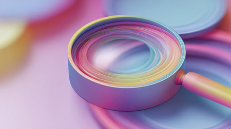 3d rendering of a magnifying glass and colorful circles on a pink backgroundの素材