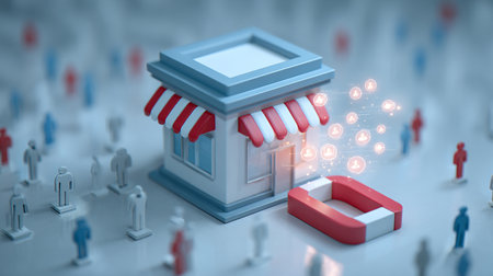 3d rendering of a small store with people around and a magnetの素材