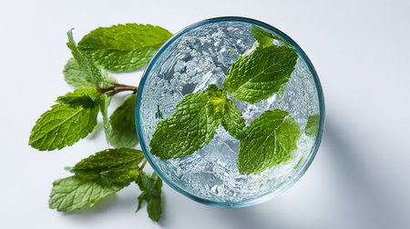 Mint leaves in a glass of water on a white background.の素材