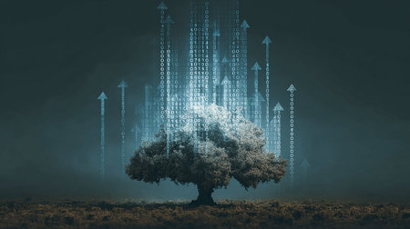 Digital composite of Tree with binary code and arrow graphics against dark backgroundの素材