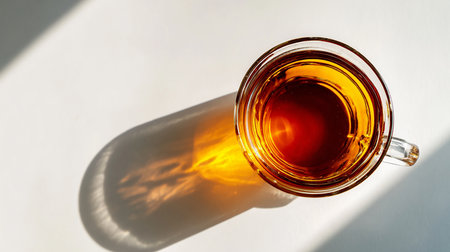 Glass cup of tea on a white background with shadow from the sunの素材