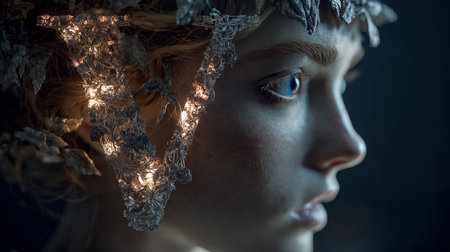 Close-up portrait of a beautiful young woman with blue eyes in a fairy costumeの素材