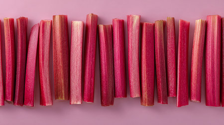 Fresh organic rhubarb stalks on pink background, top viewの素材
