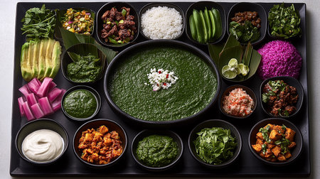 Bowls with different traditional Indian vegetarian dishes. Top view.の素材