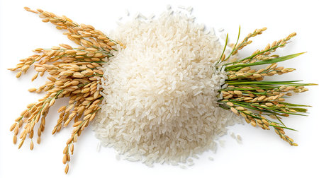 Rice and paddy isolated on white background. Top view.の素材