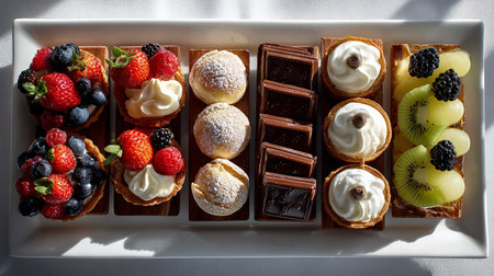 Delicious cakes with cream and berries on a white plate, top viewの素材