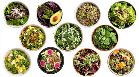 Collage of different salads isolated on white background. Top view.の素材